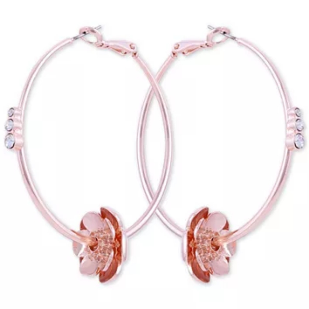 Rose Gold-Tone Crystal&Flower Charm Hoop Earrings